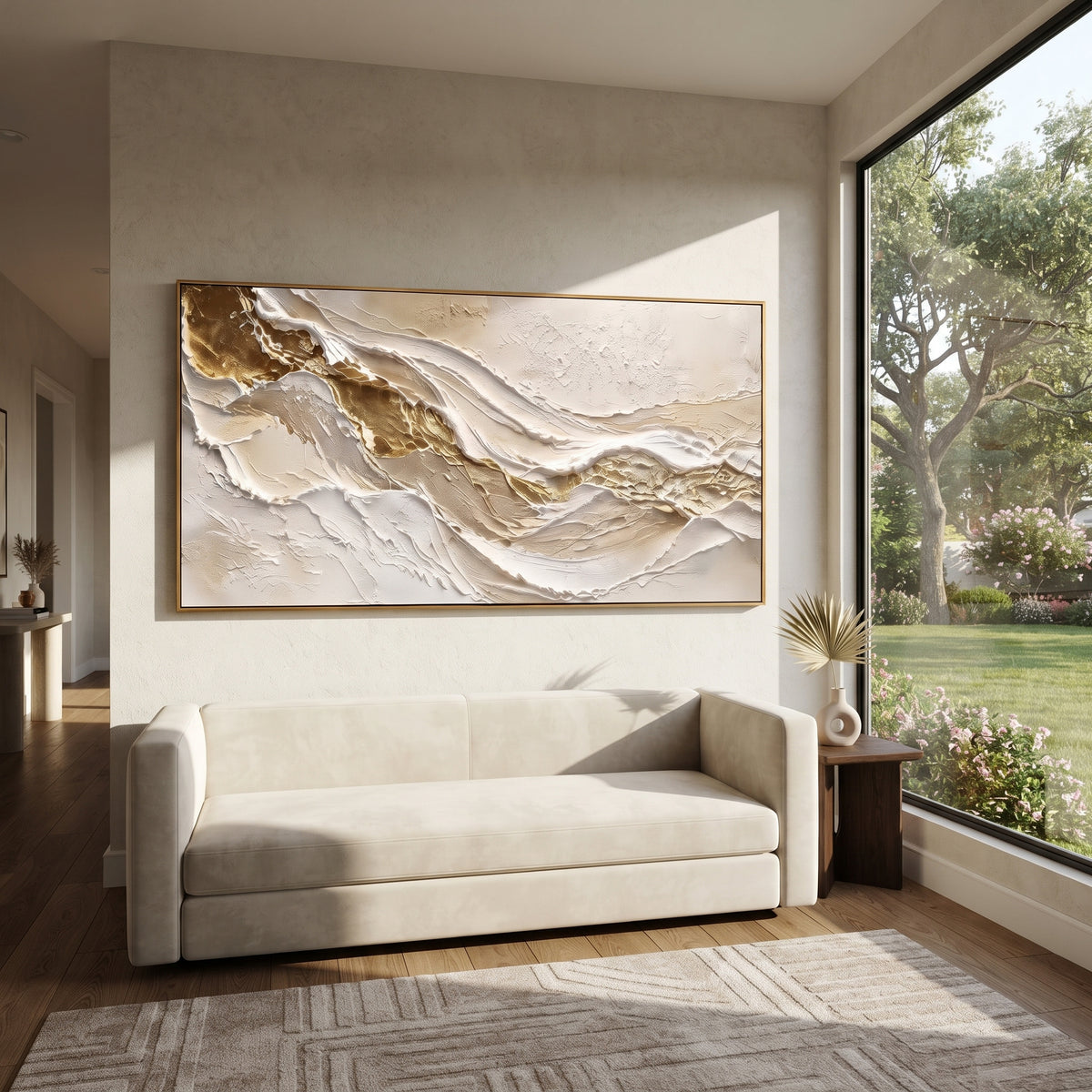 Ivory Canyon Gold Vein Relief focuses on wide cracked ivory terrain with a rugged gold vein and layered plaster edges running across the middle, keeping the composition specific to this single abstract textured artwork rather than using a generic batch description. The visible surface is built around white, beige, gold, with pale plaster passages, metallic highlights, softened neutral transitions, and raised edges that guide the eye across the picture plane. The main movement is easy to read
