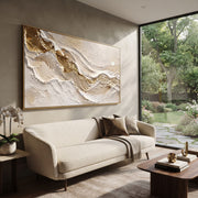 "Ivory Canyon Gold Vein Relief" - Modern Heavy Impasto Topographic Abstract | White & Beige Palette Knife Painting | Luxury Horizontal Wall Art #Q 79