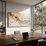 "Ivory Canyon Gold Vein Relief" - Modern Heavy Impasto Topographic Abstract | White & Beige Palette Knife Painting | Luxury Horizontal Wall Art #Q 79