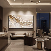 "Ivory Canyon Gold Vein Relief" - Modern Heavy Impasto Topographic Abstract | White & Beige Palette Knife Painting | Luxury Horizontal Wall Art #Q 79