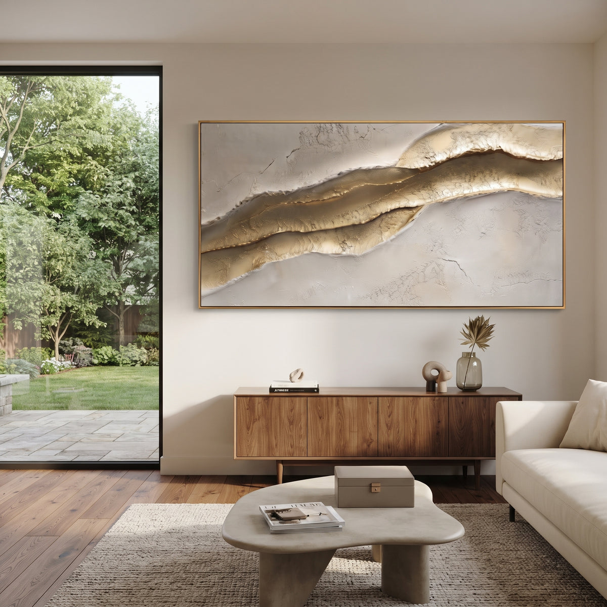 Layered Taupe Horizon Relief focuses on soft grey taupe and cream horizontal strata with a raised gold ledge through the center, keeping the composition specific to this single abstract textured artwork rather than using a generic batch description. The visible surface is built around white, taupe, gold, with pale plaster passages, metallic highlights, softened neutral transitions, and raised edges that guide the eye across the picture plane. The main movement is easy to read from the image