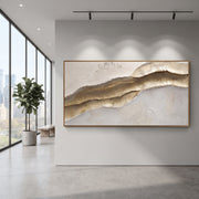 "Layered Taupe Horizon Relief" - Modern Heavy Impasto Topographic Abstract | White & Beige Palette Knife Painting | Luxury Horizontal Wall Art #Q 80