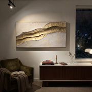 "Layered Taupe Horizon Relief" - Modern Heavy Impasto Topographic Abstract | White & Beige Palette Knife Painting | Luxury Horizontal Wall Art #Q 80
