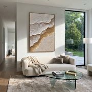 "Foam Edge Gold Shore Relief" - Modern Heavy Impasto Ocean Wave Seascape | White & Beige Palette Knife Painting | Luxury Vertical Wall Art #Q 81
