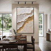 "Foam Edge Gold Shore Relief" - Modern Heavy Impasto Ocean Wave Seascape | White & Beige Palette Knife Painting | Luxury Vertical Wall Art #Q 81