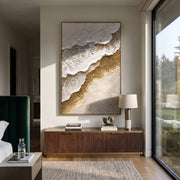 "Foam Edge Gold Shore Relief" - Modern Heavy Impasto Ocean Wave Seascape | White & Beige Palette Knife Painting | Luxury Vertical Wall Art #Q 81