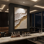 "Foam Edge Gold Shore Relief" - Modern Heavy Impasto Ocean Wave Seascape | White & Beige Palette Knife Painting | Luxury Vertical Wall Art #Q 81