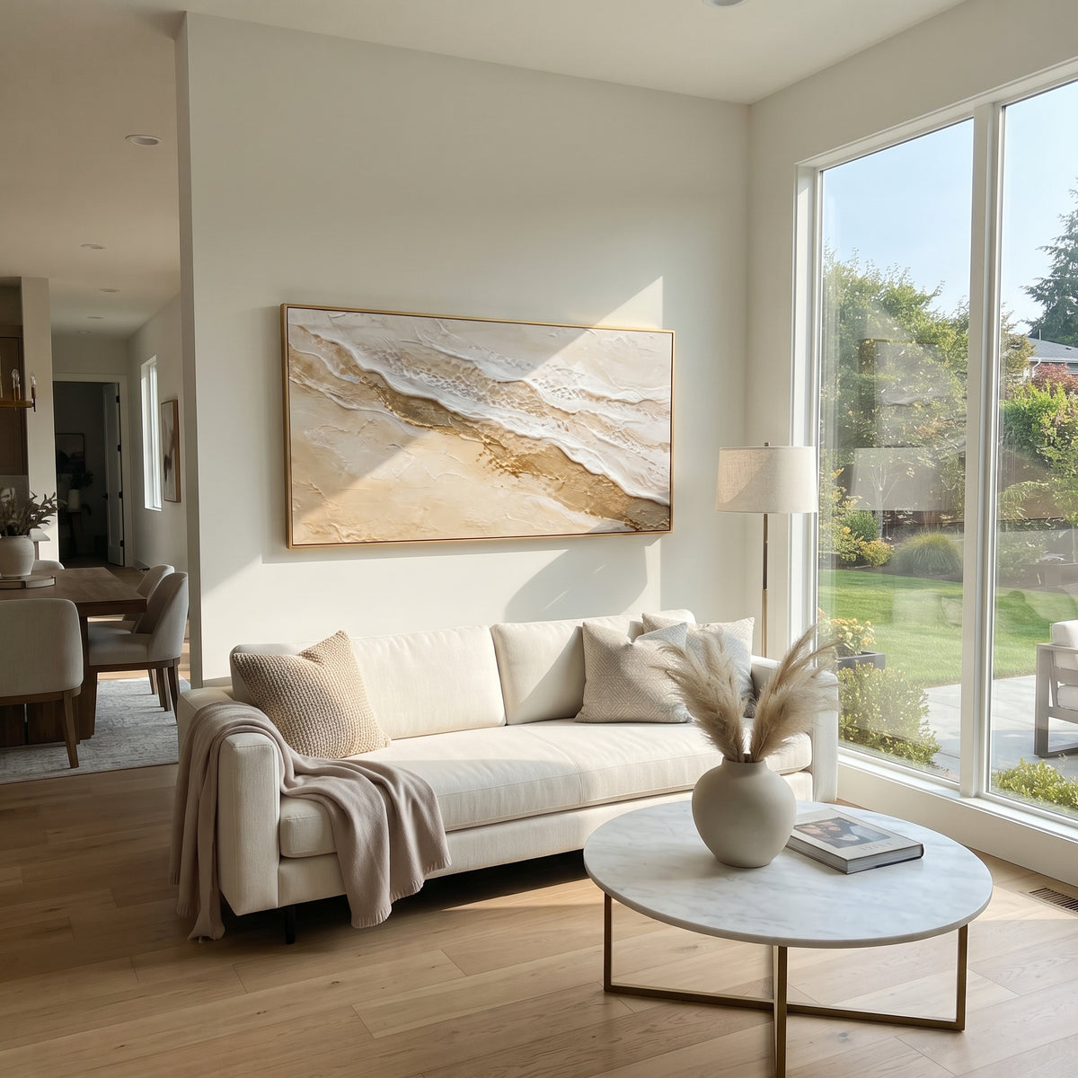 Sandy Drift Line Relief focuses on long pale sand and white raised bands sweeping diagonally across a quiet horizontal field, keeping the composition specific to this single abstract textured artwork rather than using a generic batch description. The visible surface is built around white, beige, gold, with pale plaster passages, metallic highlights, softened neutral transitions, and raised edges that guide the eye across the picture plane. The main movement is easy to read from the image itself