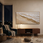 "Sandy Drift Line Relief" - Modern Heavy Impasto Geometric Abstract | White & Beige Palette Knife Painting | Luxury Horizontal Wall Art #Q 82