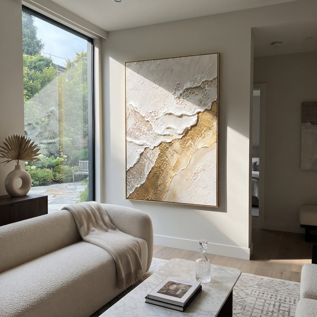 Broken Shore Gold Relief focuses on vertical broken white crusts stepping over a rough gold channel like an eroded shoreline, keeping the composition specific to this single abstract textured artwork rather than using a generic batch description. The visible surface is built around white, beige, gold, with pale plaster passages, metallic highlights, softened neutral transitions, and raised edges that guide the eye across the picture plane. The main movement is easy to read from the image itself
