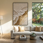 "Broken Shore Gold Relief" - Modern Heavy Impasto Landscape Artwork | White & Beige Palette Knife Painting | Luxury Vertical Wall Art #Q 83