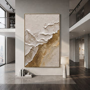 "Broken Shore Gold Relief" - Modern Heavy Impasto Landscape Artwork | White & Beige Palette Knife Painting | Luxury Vertical Wall Art #Q 83