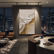 "Broken Shore Gold Relief" - Modern Heavy Impasto Landscape Artwork | White & Beige Palette Knife Painting | Luxury Vertical Wall Art #Q 83