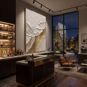 "Broken Shore Gold Relief" - Modern Heavy Impasto Landscape Artwork | White & Beige Palette Knife Painting | Luxury Vertical Wall Art #Q 83