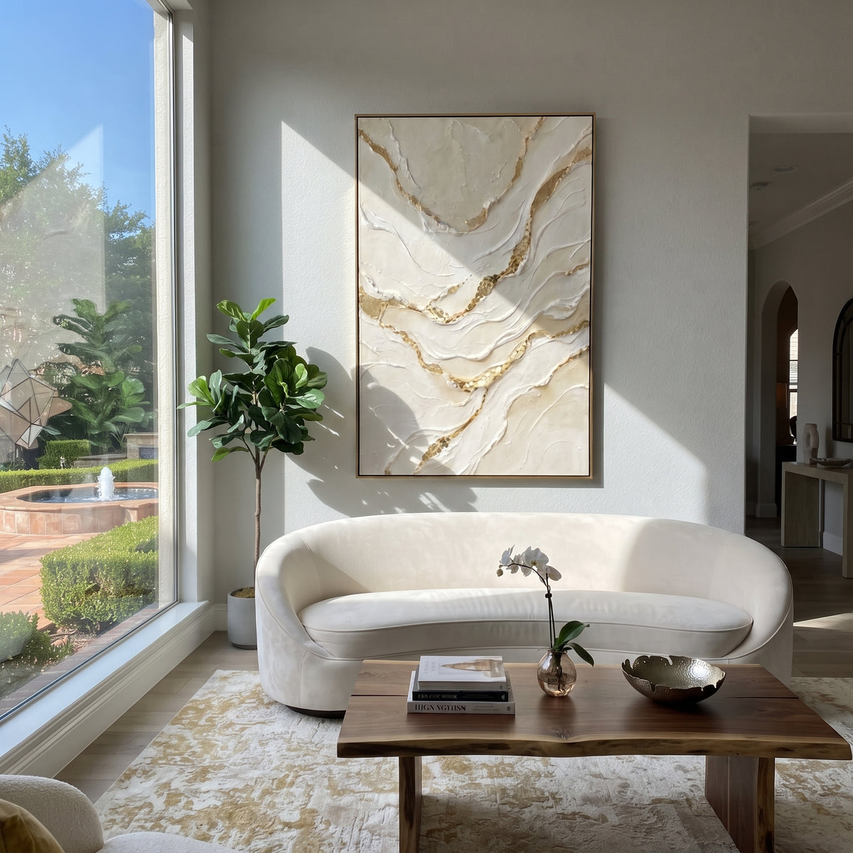 Branching Ivory Vein Relief focuses on vertical ivory layers with branching gold veins and pebble-like raised accents, keeping the composition specific to this single abstract textured artwork rather than using a generic batch description. The visible surface is built around white, beige, gold, with pale plaster passages, metallic highlights, softened neutral transitions, and raised edges that guide the eye across the picture plane. The main movement is easy to read from the image itself