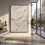 "Branching Ivory Vein Relief" - Modern Heavy Impasto Abstract Artwork | White & Beige Palette Knife Painting | Luxury Vertical Wall Art #Q 84