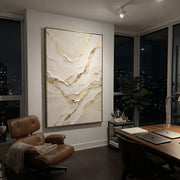 "Branching Ivory Vein Relief" - Modern Heavy Impasto Abstract Artwork | White & Beige Palette Knife Painting | Luxury Vertical Wall Art #Q 84