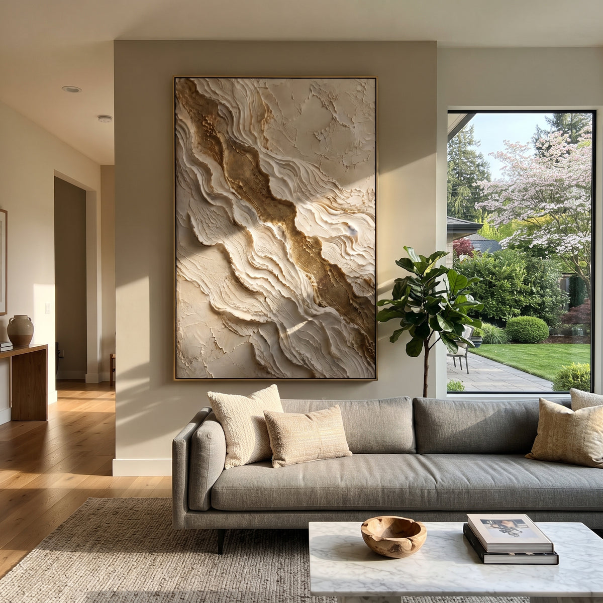 Diagonal Limestone Channel Relief focuses on vertical limestone white ridges divided by a diagonal champagne mineral channel, keeping the composition specific to this single abstract textured artwork rather than using a generic batch description. The visible surface is built around white, beige, gold, with pale plaster passages, metallic highlights, softened neutral transitions, and raised edges that guide the eye across the picture plane. The main movement is easy to read from the image itself