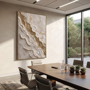 "Diagonal Limestone Channel Relief" - Modern Heavy Impasto Abstract Artwork | White & Beige Palette Knife Painting | Luxury Vertical Wall Art #Q 85
