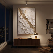 "Diagonal Limestone Channel Relief" - Modern Heavy Impasto Abstract Artwork | White & Beige Palette Knife Painting | Luxury Vertical Wall Art #Q 85
