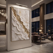 "Diagonal Limestone Channel Relief" - Modern Heavy Impasto Abstract Artwork | White & Beige Palette Knife Painting | Luxury Vertical Wall Art #Q 85
