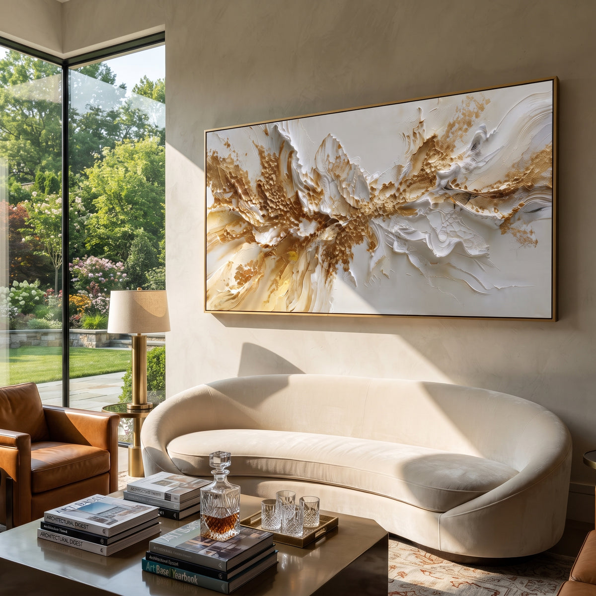 "Exploding Gold Crest Relief" - Modern Heavy Impasto Abstract Artwork | White & Gold Palette Knife Painting | Luxury Horizontal Wall Art #Q 86