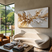 "Exploding Gold Crest Relief" - Modern Heavy Impasto Abstract Artwork | White & Gold Palette Knife Painting | Luxury Horizontal Wall Art #Q 86