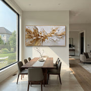 "Exploding Gold Crest Relief" - Modern Heavy Impasto Abstract Artwork | White & Gold Palette Knife Painting | Luxury Horizontal Wall Art #Q 86