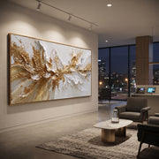 "Exploding Gold Crest Relief" - Modern Heavy Impasto Abstract Artwork | White & Gold Palette Knife Painting | Luxury Horizontal Wall Art #Q 86