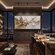 "Exploding Gold Crest Relief" - Modern Heavy Impasto Abstract Artwork | White & Gold Palette Knife Painting | Luxury Horizontal Wall Art #Q 86