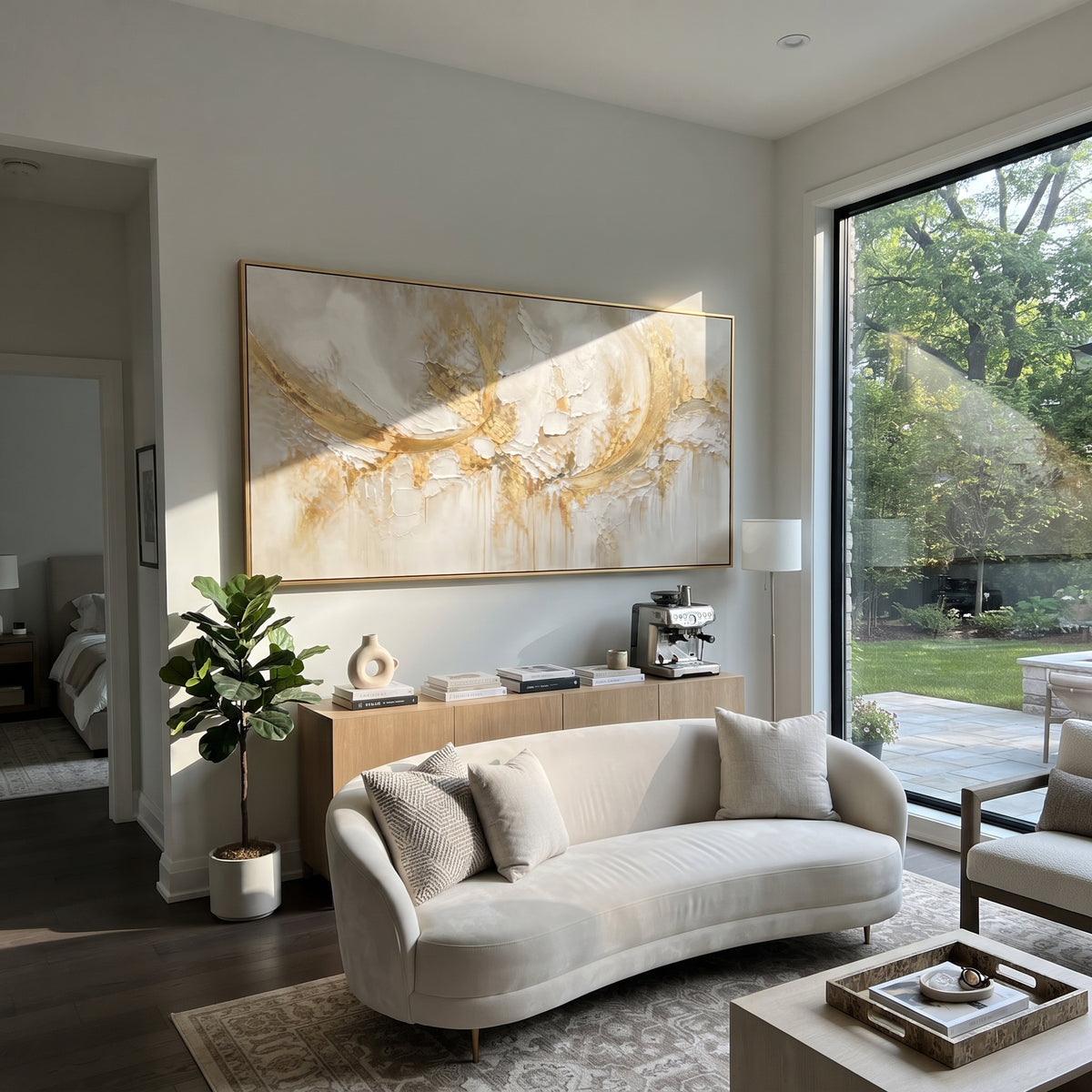 Soft Ochre Cloud Vein Relief focuses on pale cream field with ochre gold washes, cracked plaster islands, and soft downward drips, keeping the composition specific to this single abstract textured artwork rather than using a generic batch description. The visible surface is built around white, beige, gold, with pale plaster passages, metallic highlights, softened neutral transitions, and raised edges that guide the eye across the picture plane. The main movement is easy to read from the image
