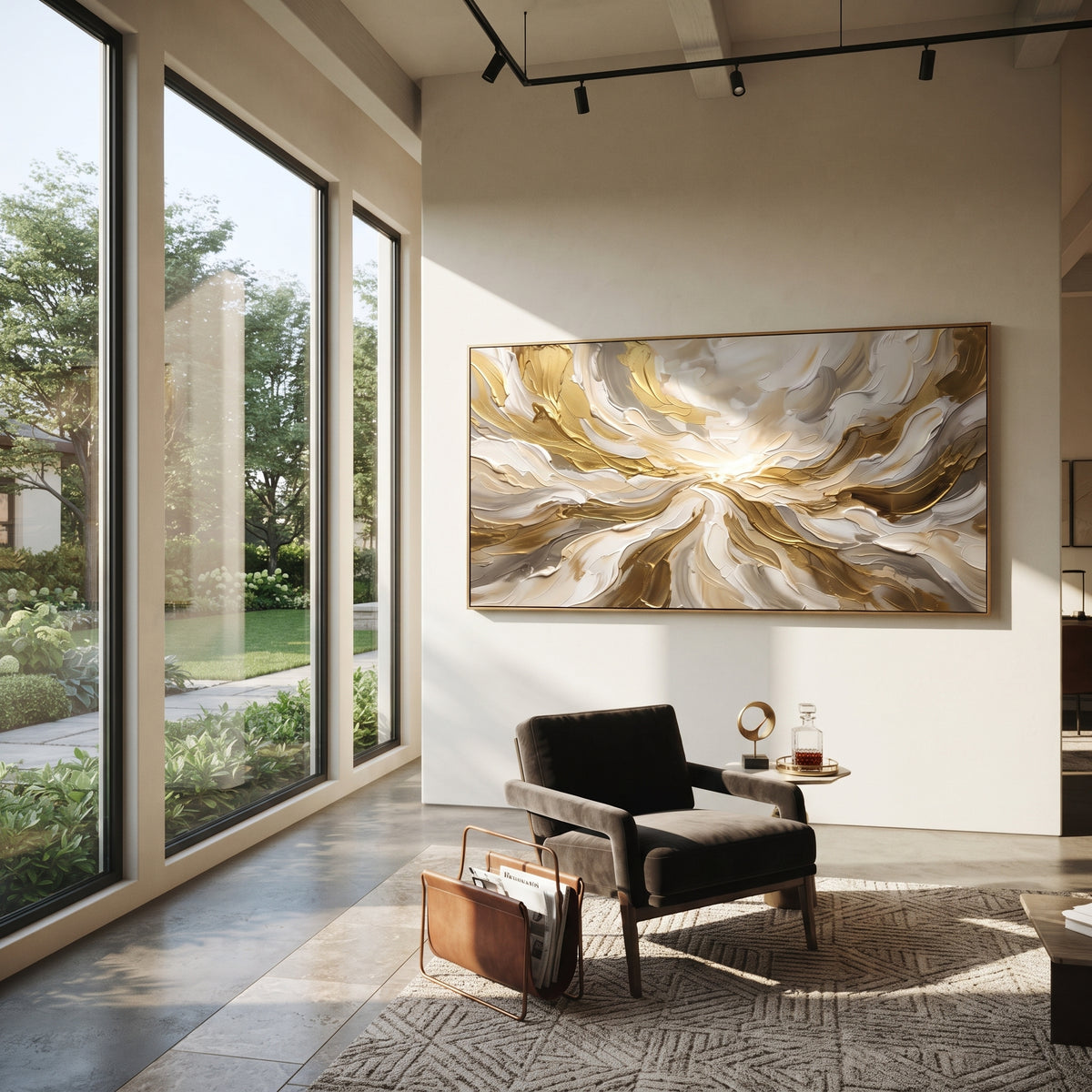 Radiant Gilded Wave Relief focuses on wide swirling white and gold strokes radiating from a bright center with thick impasto arcs, keeping the composition specific to this single abstract textured artwork rather than using a generic batch description. The visible surface is built around white, gold, beige, with pale plaster passages, metallic highlights, softened neutral transitions, and raised edges that guide the eye across the picture plane. The main movement is easy to read from the image