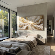"Radiant Gilded Wave Relief" - Modern Heavy Impasto Ocean Wave Seascape | White & Gold Palette Knife Painting | Luxury Horizontal Wall Art #Q 88