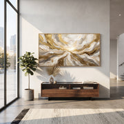 "Radiant Gilded Wave Relief" - Modern Heavy Impasto Ocean Wave Seascape | White & Gold Palette Knife Painting | Luxury Horizontal Wall Art #Q 88