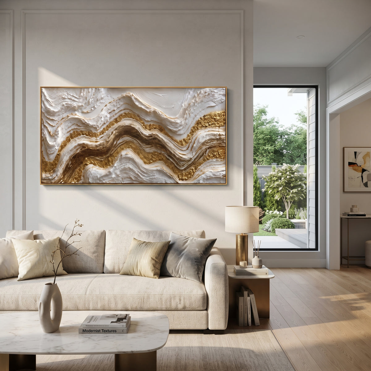 Deep Gold Current Relief focuses on horizontal dark gold and white wave bands with heavy ridged movement across the canvas, keeping the composition specific to this single abstract textured artwork rather than using a generic batch description. The visible surface is built around white, gold, brown, with pale plaster passages, metallic highlights, softened neutral transitions, and raised edges that guide the eye across the picture plane. The main movement is easy to read from the image itself