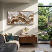 "Deep Gold Current Relief" - Modern Heavy Impasto Ocean Wave Seascape | White & Gold Palette Knife Painting | Luxury Horizontal Wall Art #Q 89