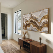 "Deep Gold Current Relief" - Modern Heavy Impasto Ocean Wave Seascape | White & Gold Palette Knife Painting | Luxury Horizontal Wall Art #Q 89