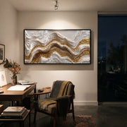 "Deep Gold Current Relief" - Modern Heavy Impasto Ocean Wave Seascape | White & Gold Palette Knife Painting | Luxury Horizontal Wall Art #Q 89