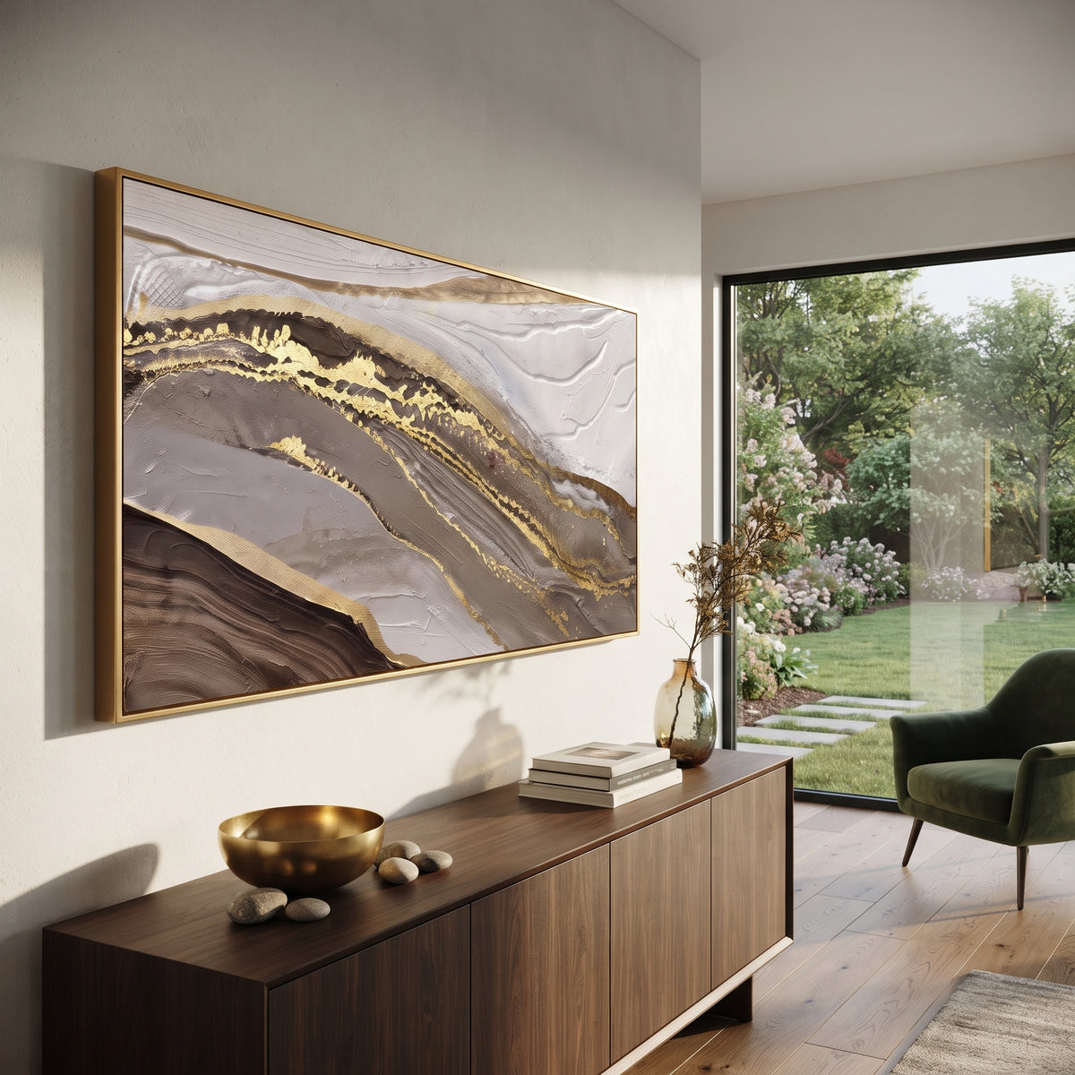 Smoky Charcoal Gold Ridge Relief focuses on wide taupe charcoal slope with fine gold flecks and pale layered lines above it, keeping the composition specific to this single abstract textured artwork rather than using a generic batch description. The visible surface is built around grey, gold, beige, with pale plaster passages, metallic highlights, softened neutral transitions, and raised edges that guide the eye across the picture plane. The main movement is easy to read from the image itself