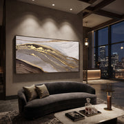 "Smoky Charcoal Gold Ridge Relief" - Modern Heavy Impasto Landscape Artwork | Grey & Gold Palette Knife Painting | Luxury Horizontal Wall Art #Q 90