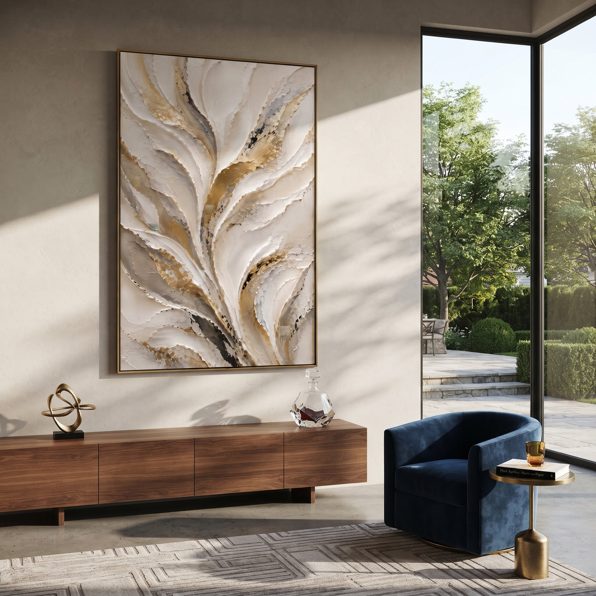 "Leafing Ivory Plume Relief" - Modern Heavy Impasto Botanical Tree Artwork | White & Beige Palette Knife Painting | Luxury Vertical Wall Art #Q 91