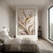 "Leafing Ivory Plume Relief" - Modern Heavy Impasto Botanical Tree Artwork | White & Beige Palette Knife Painting | Luxury Vertical Wall Art #Q 91