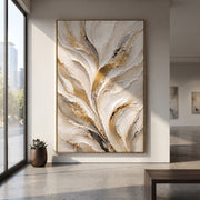 "Leafing Ivory Plume Relief" - Modern Heavy Impasto Botanical Tree Artwork | White & Beige Palette Knife Painting | Luxury Vertical Wall Art #Q 91