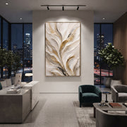 "Leafing Ivory Plume Relief" - Modern Heavy Impasto Botanical Tree Artwork | White & Beige Palette Knife Painting | Luxury Vertical Wall Art #Q 91