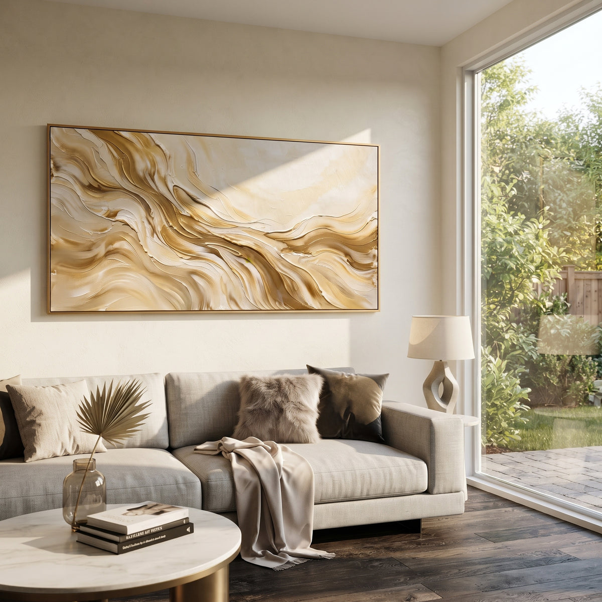 "Flowing Sand Wave Relief" - Modern Heavy Impasto Ocean Wave Seascape | Beige & White Palette Knife Painting | Luxury Horizontal Wall Art #Q 92