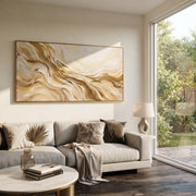 "Flowing Sand Wave Relief" - Modern Heavy Impasto Ocean Wave Seascape | Beige & White Palette Knife Painting | Luxury Horizontal Wall Art #Q 92