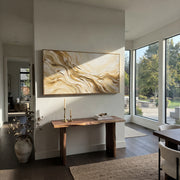"Flowing Sand Wave Relief" - Modern Heavy Impasto Ocean Wave Seascape | Beige & White Palette Knife Painting | Luxury Horizontal Wall Art #Q 92