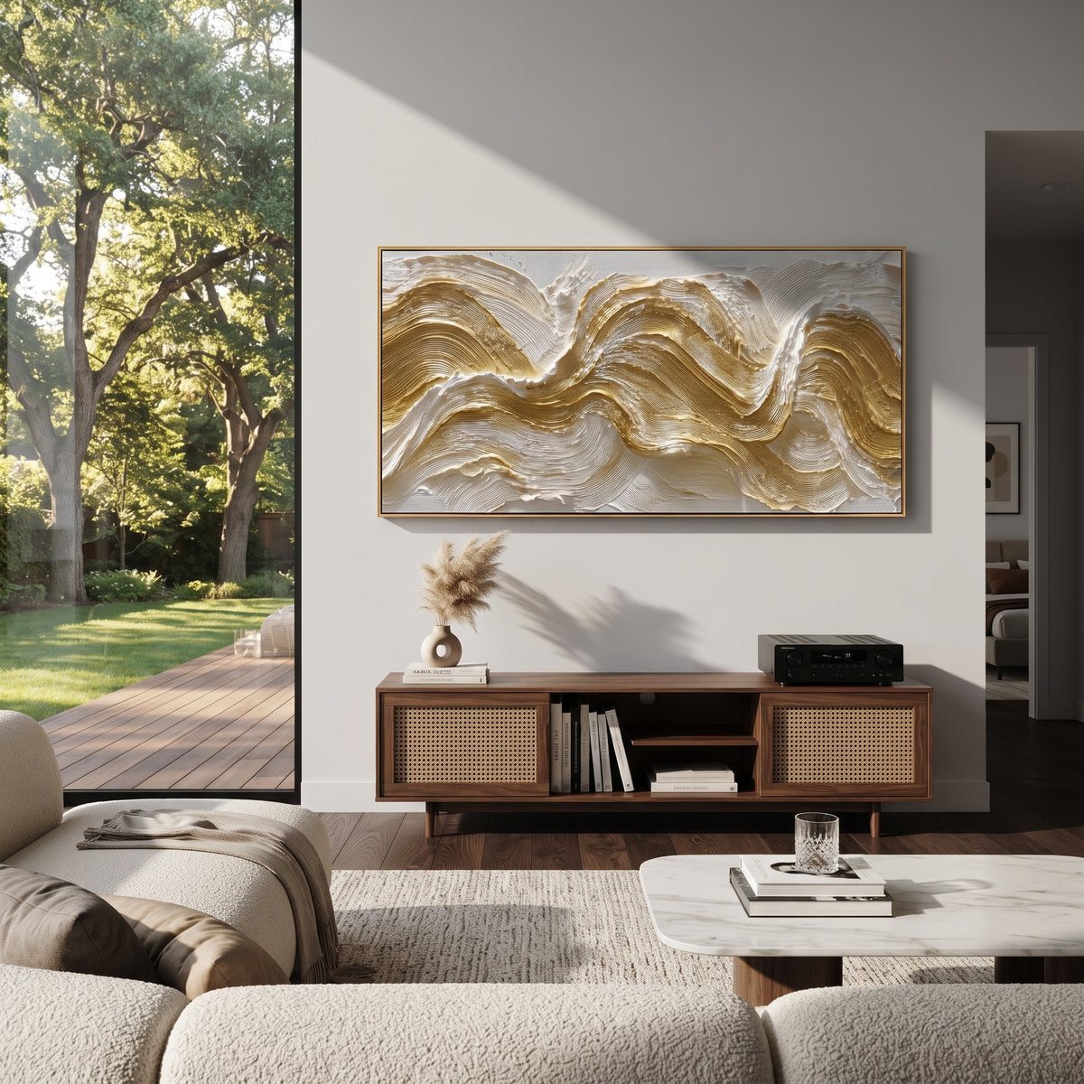 Raised Gold Swell Relief focuses on horizontal repeated gold swells and white ridges creating a bold tactile wave rhythm, keeping the composition specific to this single abstract textured artwork rather than using a generic batch description. The visible surface is built around gold, white, beige, with pale plaster passages, metallic highlights, softened neutral transitions, and raised edges that guide the eye across the picture plane. The main movement is easy to read from the image itself