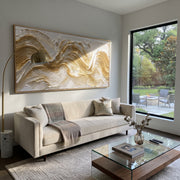 "Raised Gold Swell Relief" - Modern Heavy Impasto Ocean Wave Seascape | Gold & White Palette Knife Painting | Luxury Horizontal Wall Art #Q 93