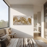 "Raised Gold Swell Relief" - Modern Heavy Impasto Ocean Wave Seascape | Gold & White Palette Knife Painting | Luxury Horizontal Wall Art #Q 93